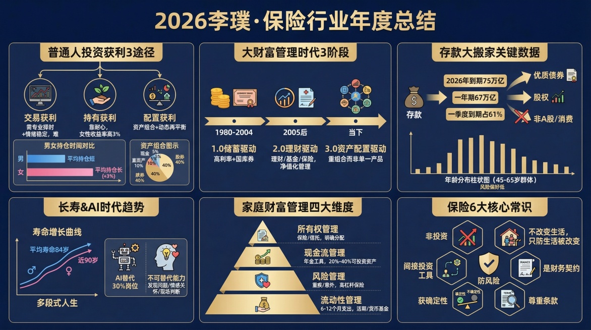 2026李璞·保险行业年度总结


普通人投资获利3途径
核心信息：交易获利（需专业择时+情绪稳定，难）；持有获利（靠耐心，女性收益率高3%）；配置获利（资产组合+动态再平衡）
可视化元素：交易/持有预览效果
