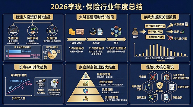 2026李璞·保险行业年度总结


普通人投资获利3途径
核心信息：交易获利（需专业择时+情绪稳定，难）；持有获利（靠耐心，女性收益率高3%）；配置获利（资产组合+动态再平衡）
可视化元素：交易/持有/配置三个分支图标、男女持仓时间对比条、资产组合图示

 大财富管理时代3阶段
核心信息：1.0储蓄驱动（1980-2004，高利率+国库券）；2.0理财驱动（2005后，理财/基金/保险，净值化管理）；3.0资产配置驱动（当下，重组合而非单一产品）
可视化元素：三阶段时间轴、储蓄/理财/配置对应图标

 存款大搬家关键数据
核心信息：2026年到期75万亿（一年期67万亿）；一季度到期占61%；资金流向优质债券/股权，非A股/消费（45-65岁群体风险偏好低）
可视化元素：资金流箭头、年龄分布柱状图、债券/股权图标

长寿&AI时代趋势
核心信息：男性平均寿命84岁/女性近90岁，多段式人生；AI替代30%岗位，不可替代能力（发现问题/情感关怀/现场判断）
可视化元素：寿命增长曲线、AI机器人与人类能力对比框

家庭财富管理四大维度
核心信息：流动性管理（6-12个月支出，活期/货币基金）；风险管理（重疾/意外，高杠杆保险）；现金流管理（年金工具，20%-40%可投资资产）；所有权管理（保险/信托，明确分配）
可视化元素：四层金字塔结构，每层对应工具图标

保险6大核心常识
核心信息：非投资；不改变生活，只防生活被改变；是财务契约；尊重条款；获确定性；间接投资工具
可视化元素：保险合同图标、“防风险”盾牌符号、确定性vs不确定性对比标识