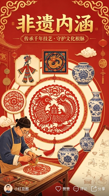 参考原图非遗主题生成同视觉体系小红书风格竖版9:16短视频封面，保留原海报红色国风配色，包含'非遗内涵 传承千年技艺·守护文化根脉'文字，保持剪纸、皮影、青花瓷等非遗元素，采用国潮插画风格，JPG格式预览效果