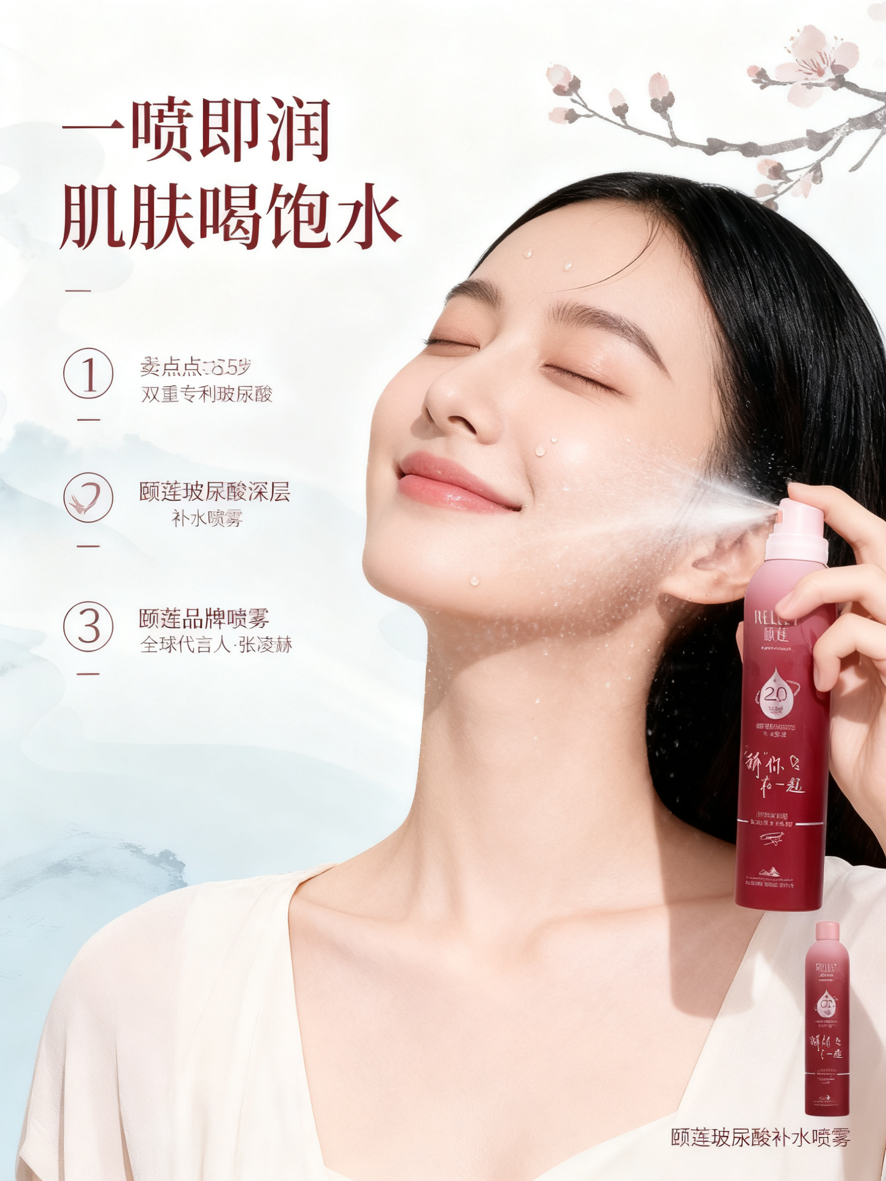 [商品] 使用【图1】颐莲玻尿酸深层补水喷雾；保留红色渐变瓶身… - 图片创意预览