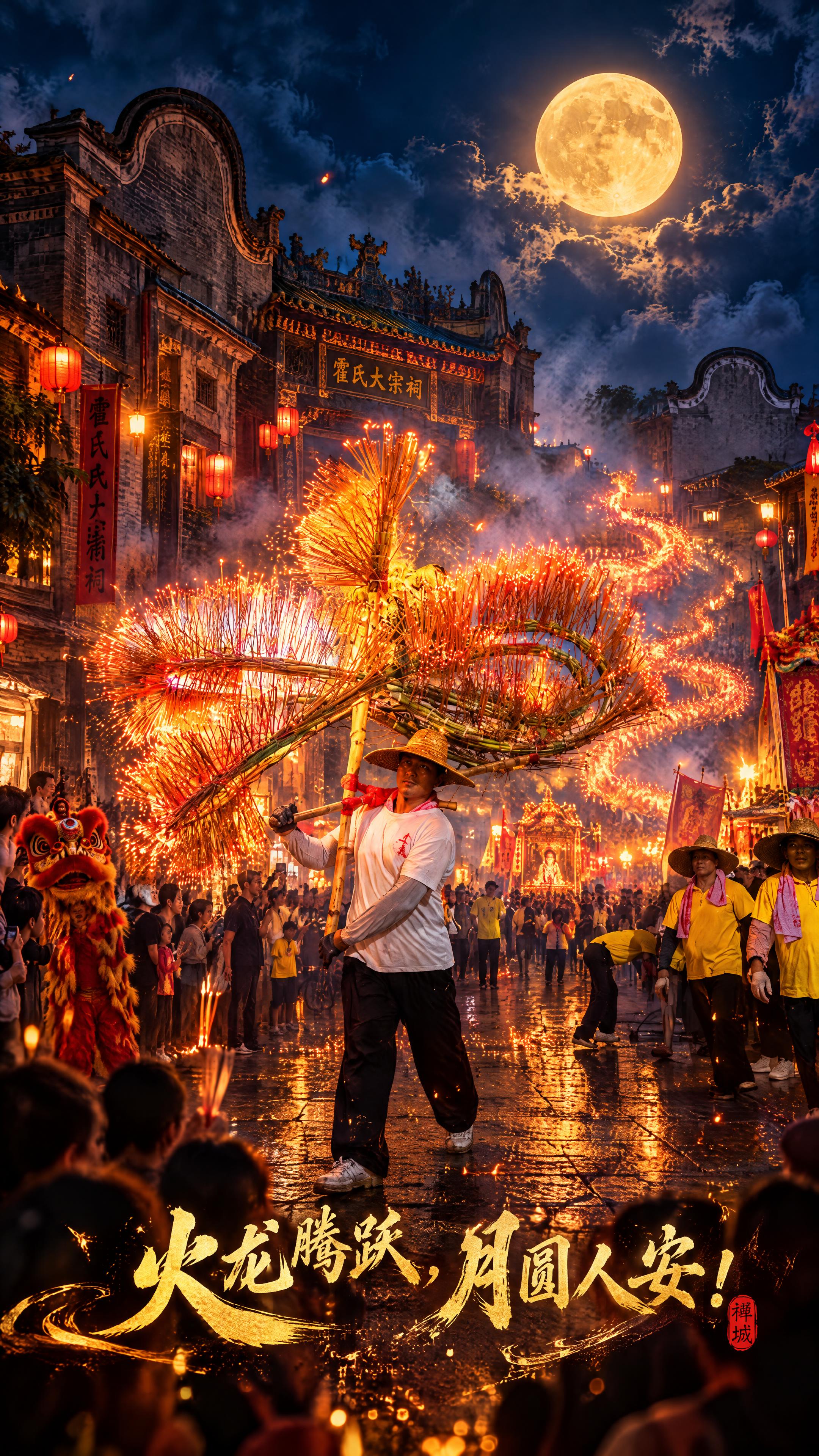 禅城舞火龙民俗景象，竖版构图，主色调为夜色深蓝+火光暖橙+鎏金… - 图片创意预览