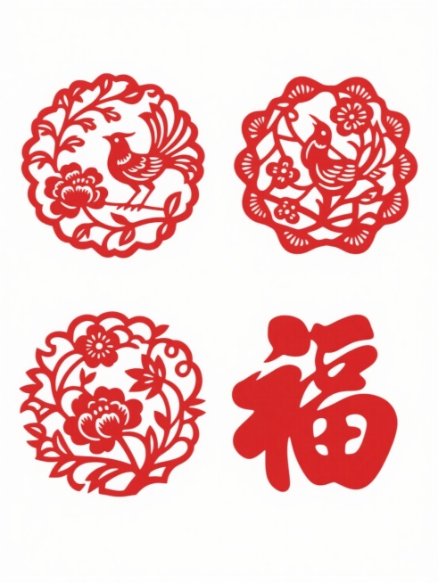 中国传统剪纸风格，一套4个规整排布的素材，每个素材均为单一红色剪纸图案，白色纯色背景，无任何文字、logo及水印。剪纸图案包含不同造型样式的传统剪纸花纹，线条细腻流畅，镂空层次丰富，图案元素可包含花鸟、吉祥纹样等经典传统剪纸题材，整体保持统一的传统剪纸艺术风格和手工刻制的质感。预览效果