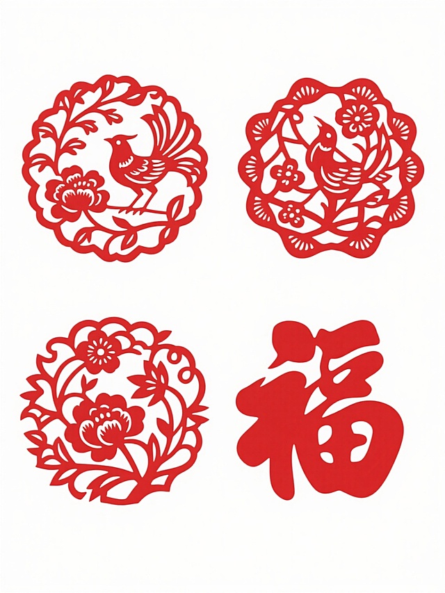 中国传统剪纸风格，一套4个规整排布的素材，每个素材均为单一红色剪纸图案，白色纯色背景，无任何文字、logo及水印。剪纸图案包含不同造型样式的传统剪纸花纹，线条细腻流畅，镂空层次丰富，图案元素可包含花鸟、吉祥纹样等经典传统剪纸题材，整体保持统一的传统剪纸艺术风格和手工刻制的质感。