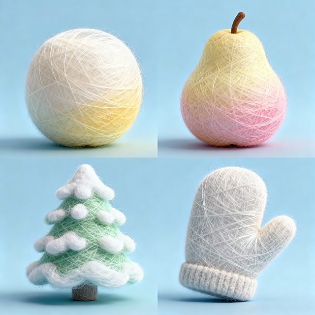 柔软毛线编织的圣诞元素，3D毛发生长质感，温馨梦幻，绒毛面料风，营造冬日舒适氛围。（第一次试用仿一个）