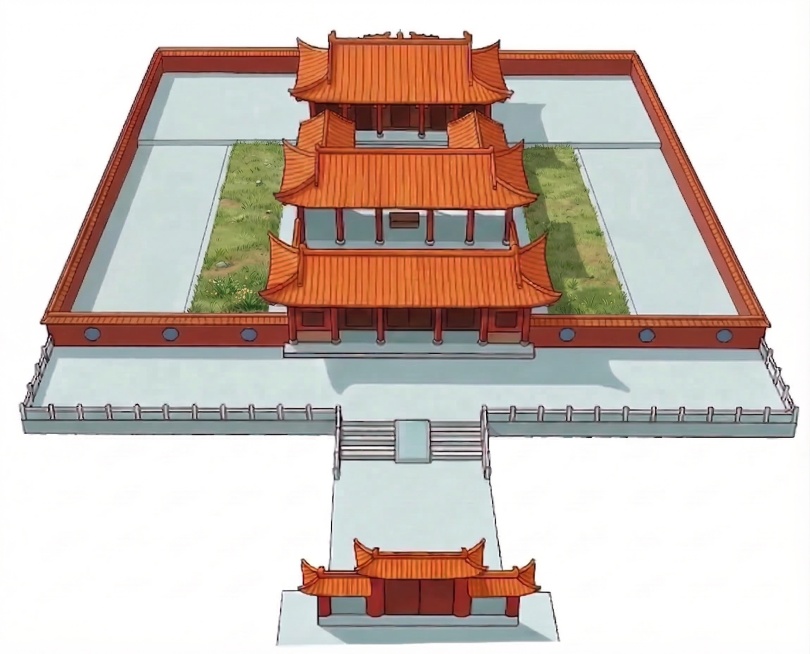 将左右两侧的草坪调整得更窄，移动到场地中间位置，两侧留出空地，保留原有中式古建筑、围墙和整体风格不变预览效果