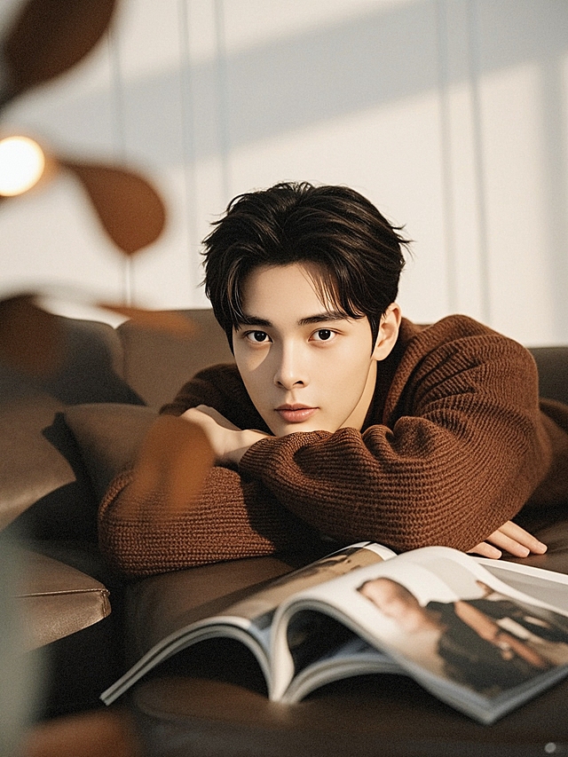 杂志风时尚大片，暖色调毛衣营造舒适感，简约背景突出人物魅力。