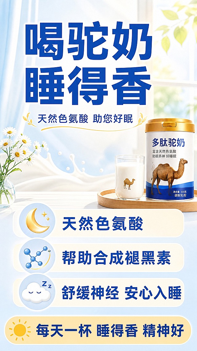 多肽驼奶改善睡眠海报，面向中老年人，9:16竖版，2K超高清，极简明亮风格。浅蓝+奶白+暖黄明亮配色，干净清爽，无深色夜空，色调明亮温暖。文字少而精，字号超大，重点突出。

【顶部主标题】
画面上方居中，超大粗体字："喝驼奶 睡得香"，深蓝色大字，简洁有力。下方一行小字："天然色氨酸 助您好眠"。

【中间核心卖点】（画面中部，极简三行大字，每行前面配小图标）
三行大字纵向排列，简洁明了：
🌙 天然色氨酸
💫 帮助合成褪黑素
😴 舒缓神经 安心入睡

【底部温馨提示】
画面底部，一个浅暖黄色简洁横条，内文大字："每天一杯 睡得香 精神好"。

整体风格：明亮清爽，字少精悍，字号超大，留白充足，不花哨不暗沉，色调温暖明亮。画面中所有信息区域必须填充完整合理的内容，不得出现空白框、空白占位、横线待填写区域；确保是完整可用的成品海报而非待填写模板。画面中所有数字必须精确渲染，不得错位、遗漏或编造。版式精美，四周留足安全边距，文字不贴边。温和明亮的健康助眠调性。