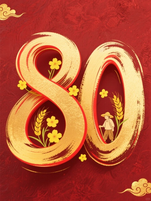 金色手绘立体数字 “80”，笔触自然流畅带有毛笔晕染质感，数字边缘有细微红色描边，内部填充黄色手绘小花朵和手绘稻谷、农民。背景采用深红色磨砂质感，左上角和右下角点缀少量金色祥云图案。预览效果