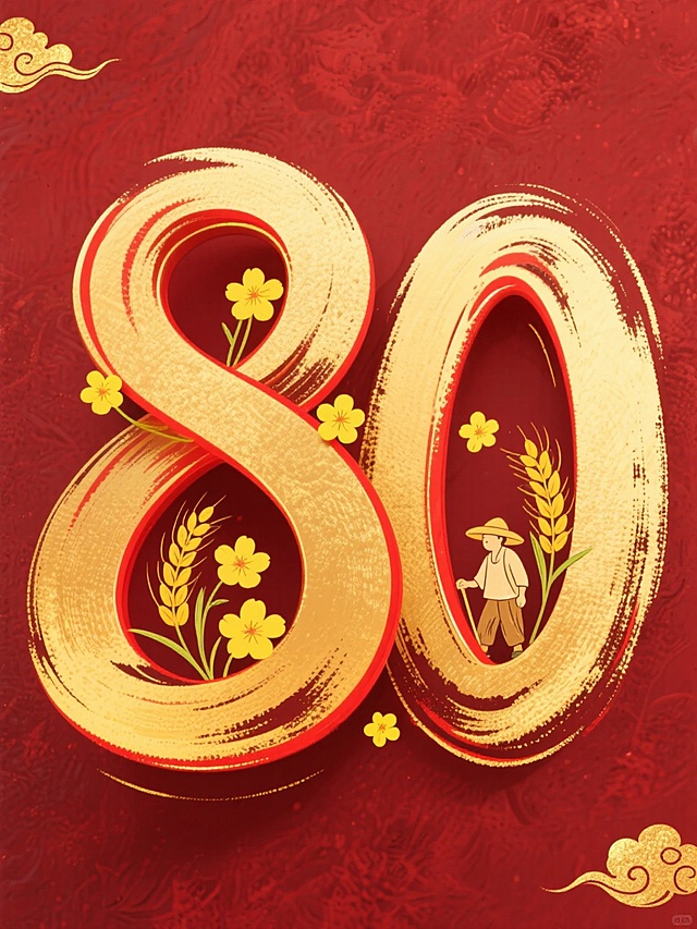 金色手绘立体数字 “80”，笔触自然流畅带有毛笔晕染质感，数字边缘有细微红色描边，内部填充黄色手绘小花朵和手绘稻谷、农民。背景采用深红色磨砂质感，左上角和右下角点缀少量金色祥云图案。