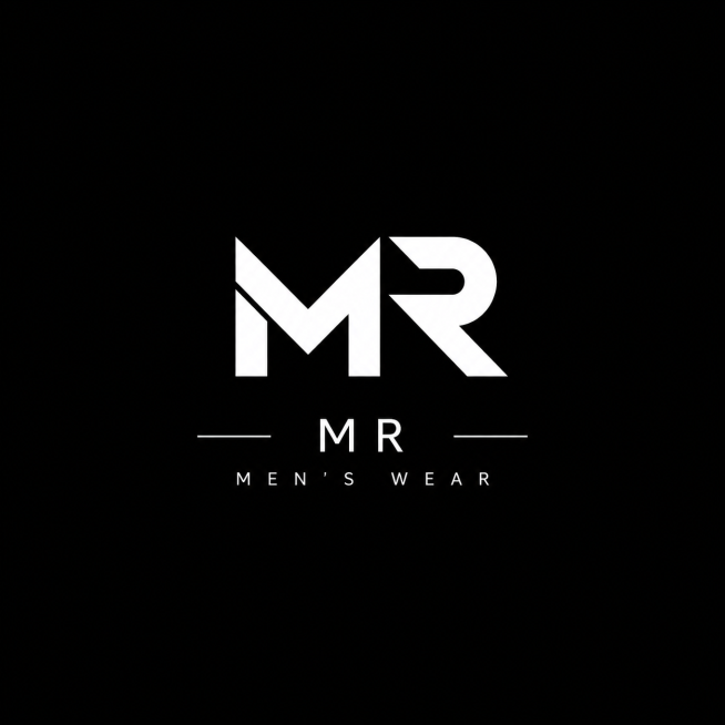 参考图片极简几何图形标志风格，设计品牌名为MR的男装LOGO，黑白配色，简约现代预览效果