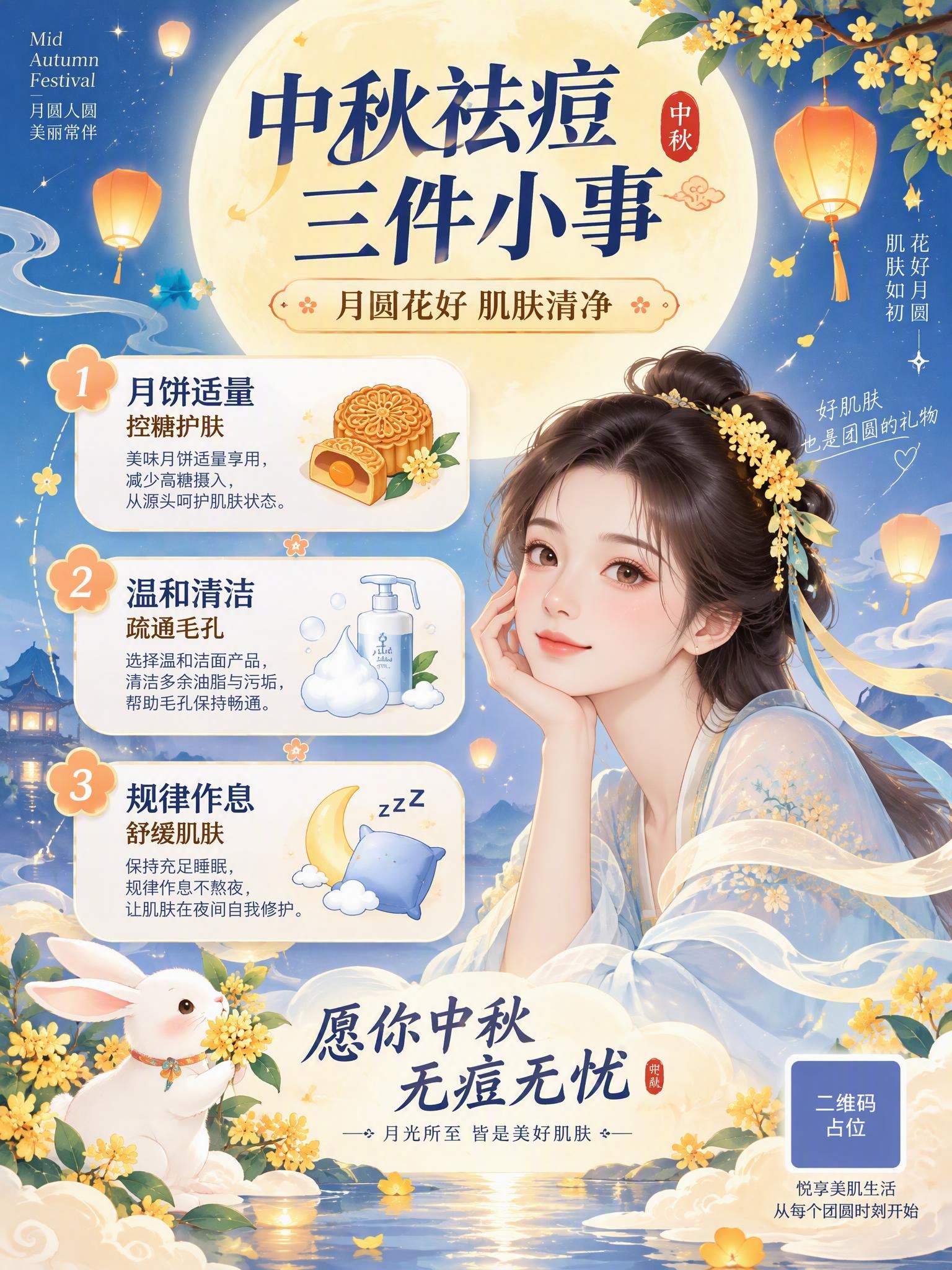 中秋主题护肤品祛痘祝福海报，竖版3:4，轻国潮扁平插画风格，参… - 图片创意预览