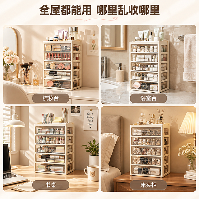 [主图-4] 多场景适用展示图，核心任务是告诉用户这款收纳盒不仅能放梳妆台，还能在卧室、浴室、玄关、书桌等多个场景使用，解决不同收纳痛点。
[统一基调] 整体风格为奶油暖调家居质感，背景主色为浅米白与柔雾奶咖色，标题字色为深咖棕，辅助字色为暖灰棕，强调色为柔粉金；字体为现代无衬线粗体，标题大字醒目，辅助文字缩小50%以上；卡片与图标采用圆角轻描边样式，整体干净通透有秩序感。
[画面] 采用四宫格布局，每个宫格展示一个真实使用场景，产品外观结构保持一致但收纳物品不同；左上格：梳妆台场景，收纳化妆品护肤品；右上格：浴室洗手台场景，收纳洁面、面膜、护肤小样；左下格：书桌场景，收纳文具、胶带、便签等办公用品；右下格：卧室床头柜场景，收纳首饰、发饰、小物件；四个场景均为真实家居环境，光线温暖，收纳盒摆放自然，每个宫格下方有小字标注场景名称。
[光影质感] 每个场景都有自然的家居自然光，产品融入场景不突兀，光影方向统一从左上方来，透明抽屉有通透感，整体温暖舒适。
[配色] 整体暖色调，四个场景各有环境色但统一在奶油暖调体系内，产品始终是奶油白+透明茶色。
[文字版式] 画面顶部居中大标题「全屋都能用 哪里乱收哪里」，字体粗体深咖色；四宫格每格底部有半透明圆角条，内有白色小字标注场景名「梳妆台」「浴室台」「书桌」「床头柜」；文字统一无衬线体，清晰可读。
[输出要求] 比例1:1，2048px高清，四个场景清晰，产品在每个场景中比例协调自然；禁止场景杂乱、产品变形、穿模、错字、水印、平台Logo。