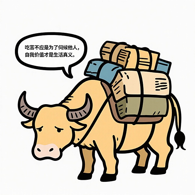 卡通感插画风，牛背负重物，表情疲惫，对话框传达深刻哲理，简洁线条展现漫画风格。