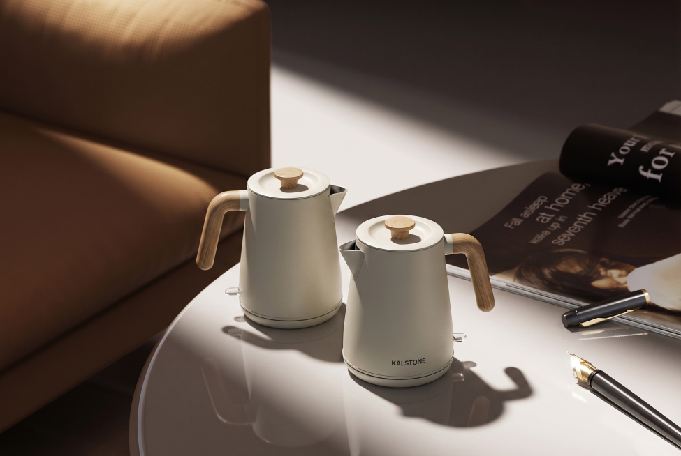 保留原场景，替换原来产品为图1里的两个米灰色KALSTONE水壶，完全保留两个水壶的外观造型不变，保留原图片的光影氛围和构图布局预览效果