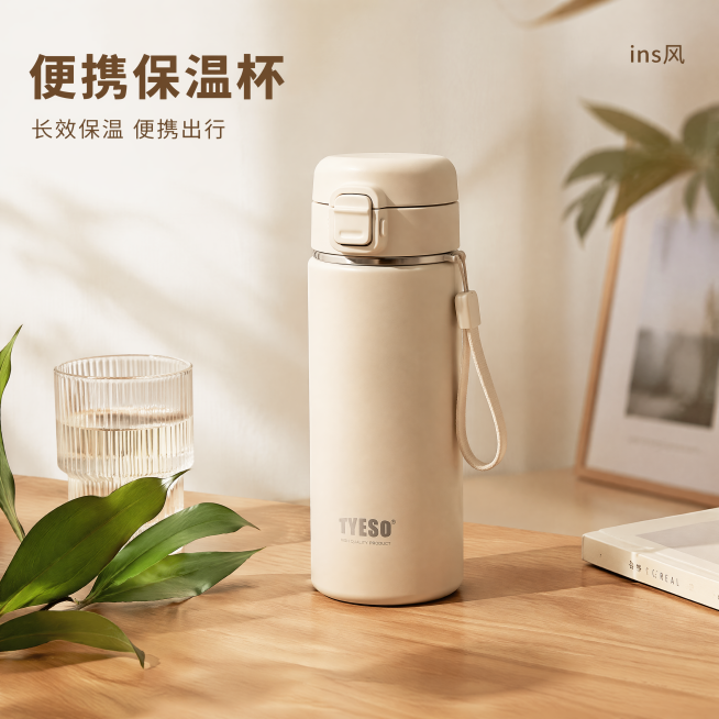 [主图-1] 便携保温杯ins风场景展示首图
[氛围风格] 简约ins风 干净舒适 自然生活感
[画质] 商业摄影质感、光线柔和通透、产品清晰真实、画面干净高级
[元素] 便携保温杯放置在干净的原木桌预览效果