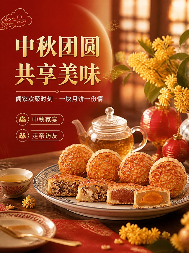 [商品] 使用【图2】月饼场景图（竹编垫上的月饼搭配茶壶与鲜花）、【图9】月饼特写；保留月饼造型、竹编垫、玻璃茶壶、鲜花背景；商品处理：提升整体画面质感，使月饼色泽更诱人，调整光影更柔和温馨，去除杂乱元素。
[画面] 目标：中秋家宴/下午茶食用场景，营造团圆温馨氛围。构图：左文右图，右侧为沉浸式餐桌场景，月饼摆放在中式瓷盘上，旁边有茶具、桂花枝、红色灯笼小装饰，背景为虚化的中式餐厅/客厅暖光环境，产品占画面55%。前景有餐具与桂花点缀，中景为月饼与茶具，远景为暖光窗影，3层以上层次。
[视觉] 套系策略：风格=中式喜庆高级商业摄影；标题字=宋体衬线粗体（带书法韵味）；正文字=简洁黑体；主色=中国红+烫金；背景延展=基于红金做深浅层级、暖金渐变和细腻宣纸/织物质感；强调色=暖金色，仅用于小面积图标、引线和装饰纹样；标题色=烫金色；正文色=深棕红；组件=圆角金底信息卡、祥云纹样引线；光影=左前侧暖柔光，右侧补金色轮廓光。
[文字] 左侧主标题「中秋团圆 共享美味」，副标题「阖家欢聚时刻 · 一块月饼一份情」；下方2个场景标签：「中秋家宴」「走亲访友」；文字横排，不遮挡月饼主体。
[规格] 图片比例3:4竖版，分辨率2K，quality=medium，避免变形、错字、文字过小、冷蓝背景、月饼颜色改变。