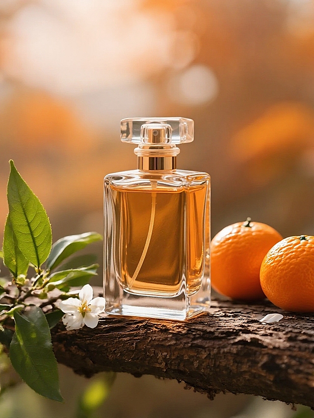 主体放置在树干上，左侧，有一个绿叶的花枝，右侧，有两个橙子，树干上还散落着一朵白花，背景为朦胧的橙色调，自然光线