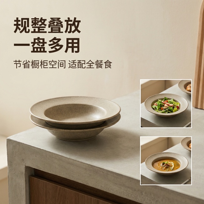 可叠放省空间，一盘多用全场景hold住。主标题“规整叠放 一盘多用”加粗大字号，副标题“节省橱柜空间 适配全餐食”小字号，文字放于左上角。画面主体：两个同尺寸石纹草帽盘无缝叠放在一起，放置在浅灰色厨房预览效果