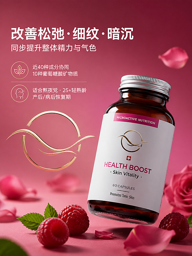 3:4竖屏构图，极简高级产品摄影，纯深粉色渐变背景，细腻光影质感。一个三股螺旋结构以极简金色线条勾勒悬浮在画面左半侧。无展示台，一瓶棕色玻璃保健品瓶（瓶身保持原样，严禁修改）悬浮于画面右下角。前景散落新鲜的红覆盆子叶和玫瑰花瓣，采用清冷侧光。8K超高清，照片级真实感，浅景深。画面上有清晰文字："改善松弛·细纹·暗沉"、"同步提升整体精力与气色"、"近40种成分协同·10种葡萄糖酸矿物质"、"适合熬夜党·25+轻熟龄·产后/病后恢复期"。文字和背景都要高清锐利。