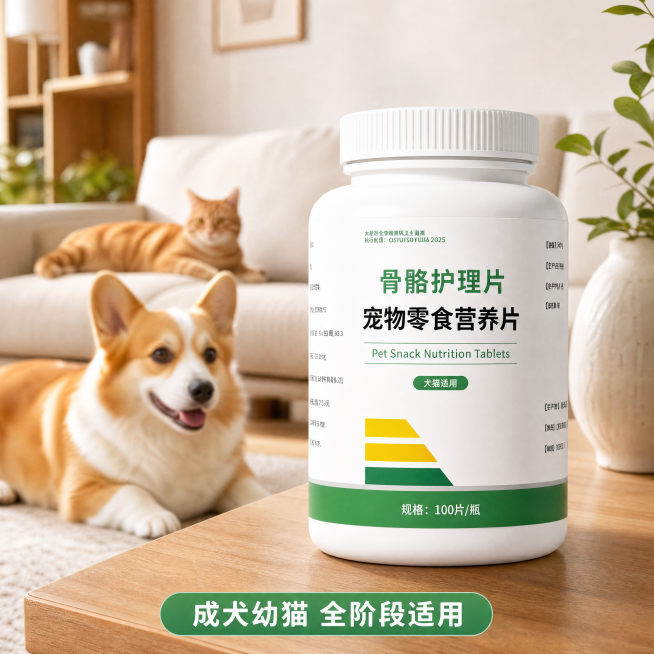 [主图-4] 宠物骨骼护理片适用场景展示，氛围风格：温馨真实家居场景风，画质：商业摄影质感、光线自然通透、画面干净温馨、产品真实清晰。元素：产品瓶身放置在客厅木质茶几上，背景虚化展示客厅场景，近处一只预览效果