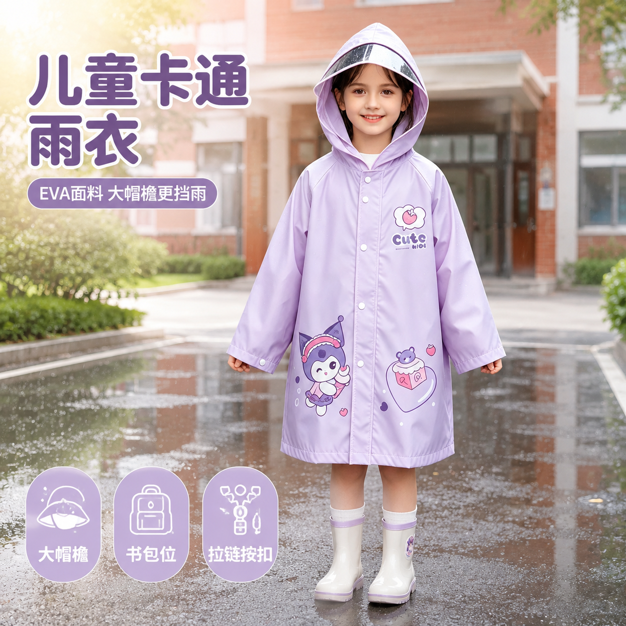 [主图-1] 紫色库洛米款儿童雨衣首图，突出可爱卡通与雨天出行… - 图片创意预览