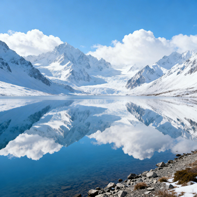超写实自然风光，高山湖泊倒影场景，湖面平静无波如镜面，岸边覆雪的巍峨雪山、澄澈的蓝天、蓬松洁白的云朵都完整清晰地映在湖水中，上下完全对称，唯美治愈，湖水清透呈淡蓝色，岸边有少量碎石和低矮的耐寒植被，阳预览效果
