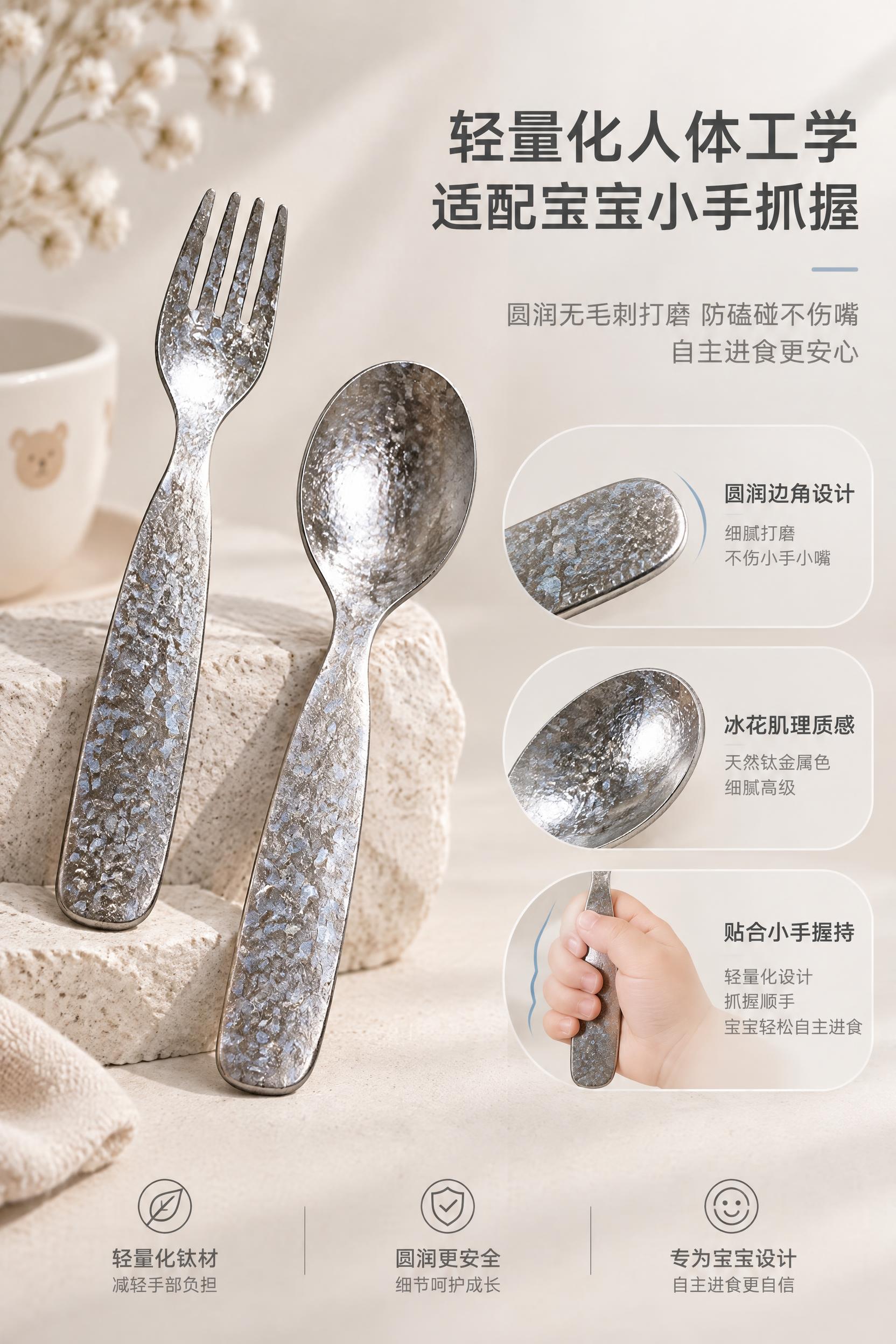 [商品] 使用上传的儿童纯钛叉勺产品图；保留13cm×3.2c… - 图片创意预览