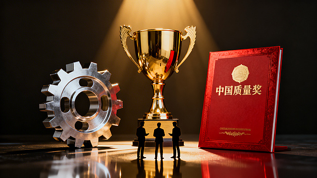 中国质量奖申报启动会宣传图，画面包含金色奖杯、齿轮、中国质量奖证书、协作人物剪影，深色背景搭配金色光线，去除右下角水印，高清质感