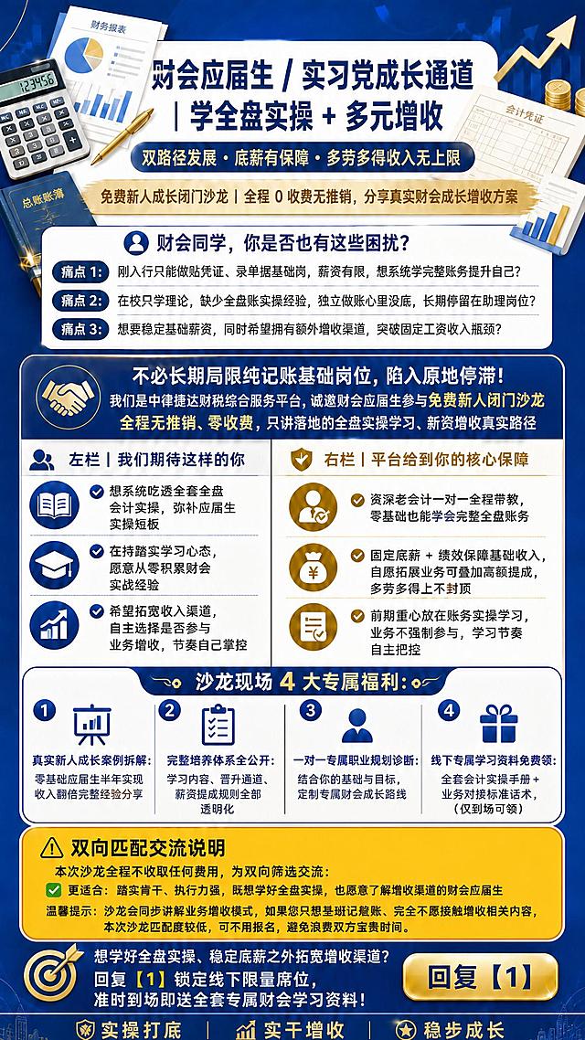 修正黄色说明区的温馨提示文字，改为正确内容："温馨提示：沙龙会同步讲解业务增收模式，如果您只想坐班记账、完全不愿接触增收相关内容，本次沙龙匹配度较低，可不用报名，避免浪费双方宝贵时间。"，修正错误文字，确保所有文字清晰，保持背景黄色深黑字，其他区域不变