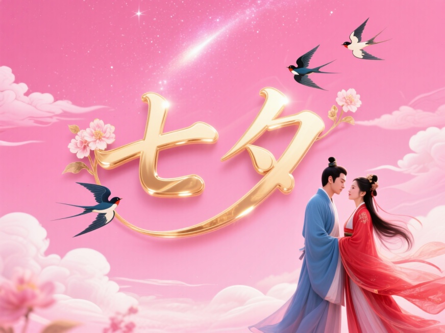 横向金色文字"七夕"。创意字体设计点缀两只喜鹊、花朵元素，线条流畅，高级感，粉色背景，高纯度配色。中国古代传统风格，古风情侣身着飘逸古装，深情对视，男子身穿蓝衣，女子身穿红衣。背景是银河，云朵，喜鹊在预览效果