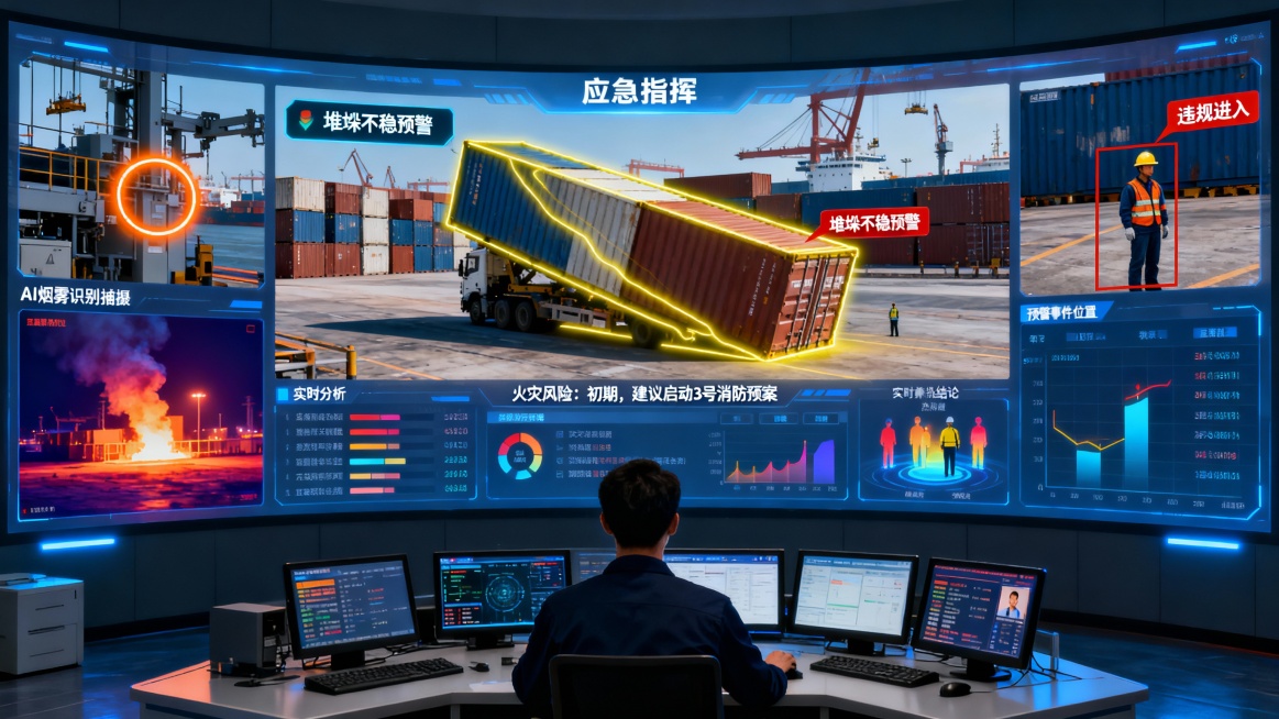 港口应急智能指挥方案：以应急指挥中心为场景，弧形主屏分区域显示堆垛倾斜预警、早期烟雾识别、人员违规进入，中央面板整合事件位置等级与处置建议，控制台多终端联动消防医疗，突出AI感知与协同处置预览效果