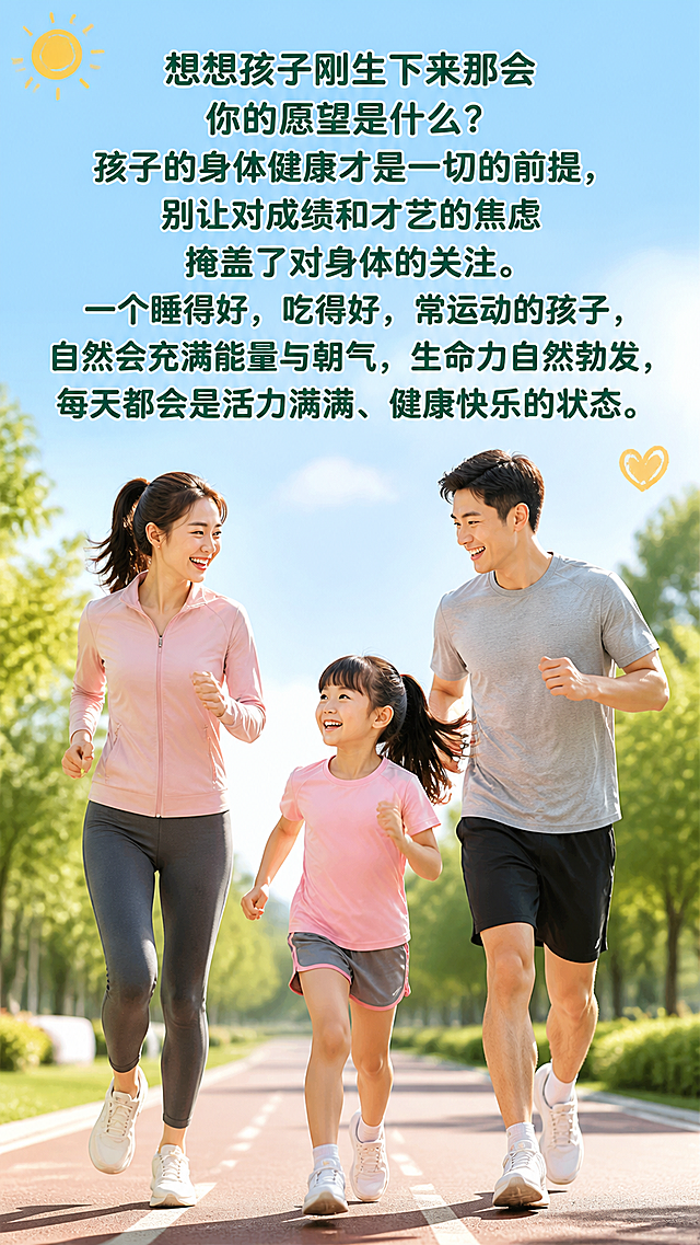 生成的图片上的文字必须是书写正确、书写清晰的的中文文字。
生成的图片上必须只有一对现代青年中国父母和一个中国小女儿。生成的图片表达主题思想：
【家庭教育观】
想想孩子刚生下来那会你的愿望是什么？孩子的身体健康才是一切的前提，别让对成绩和才艺的焦虑掩盖了对身体的关注。一个睡得好，吃得好，常运动的孩子，自然会充满能量与朝气，生命力自然勃发，每天都会是活力满满、健康快乐的状态。
特别需要通过画面表现核心思想：孩子的身体健康最重要。
在生成的图片的最佳位置上写文字：‘想想孩子刚生下来那会你的愿望是什么？孩子的身体健康才是一切的前提，别让对成绩和才艺的焦虑掩盖了对身体的关注。一个睡得好，吃得好，常运动的孩子，自然会充满能量与朝气，生命力自然勃发，每天都会是活力满满、健康快乐的状态。’