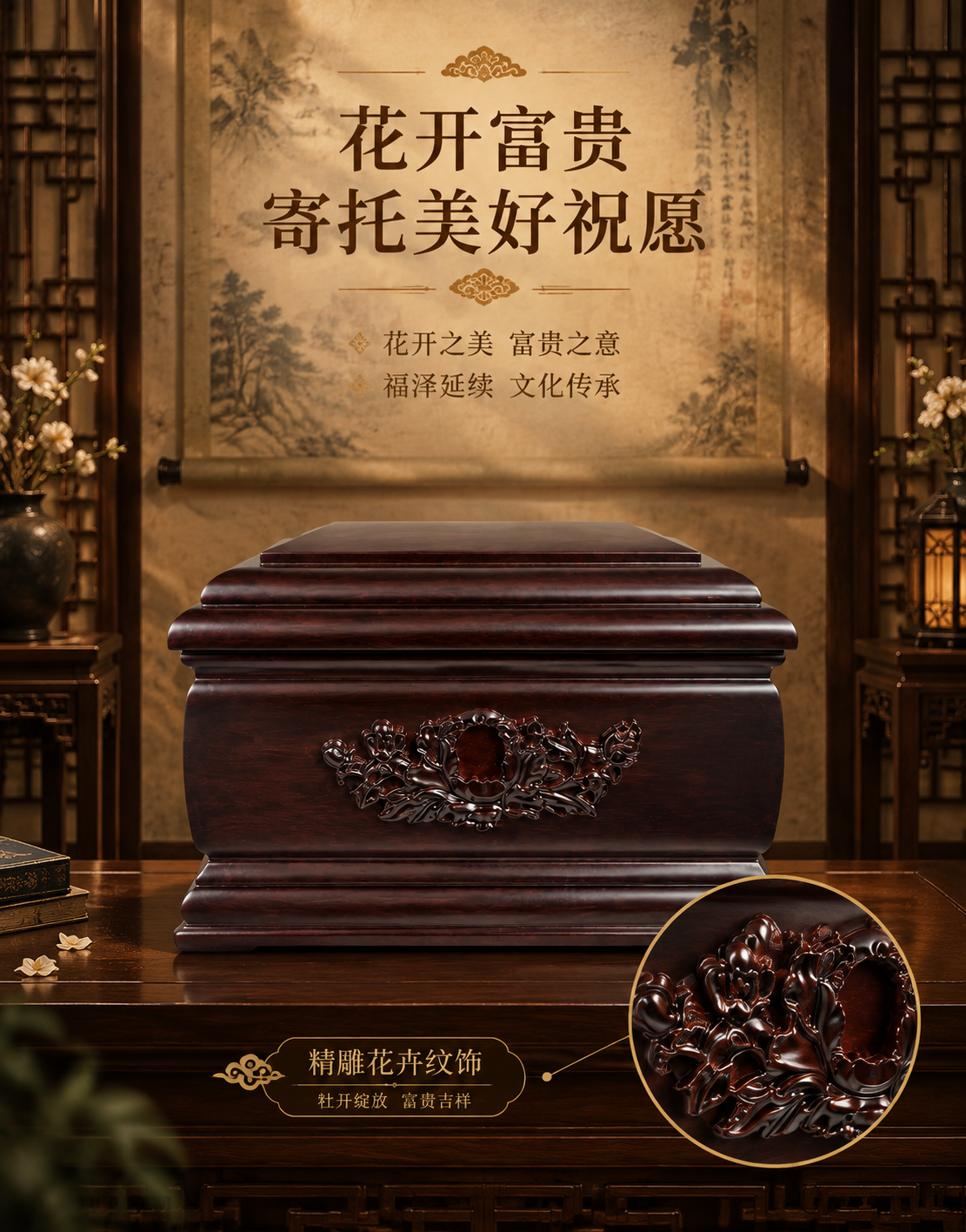 [主图-3] 花开富贵纹饰寓意展示（竖版），突出正面雕刻的传统… - 图片创意预览