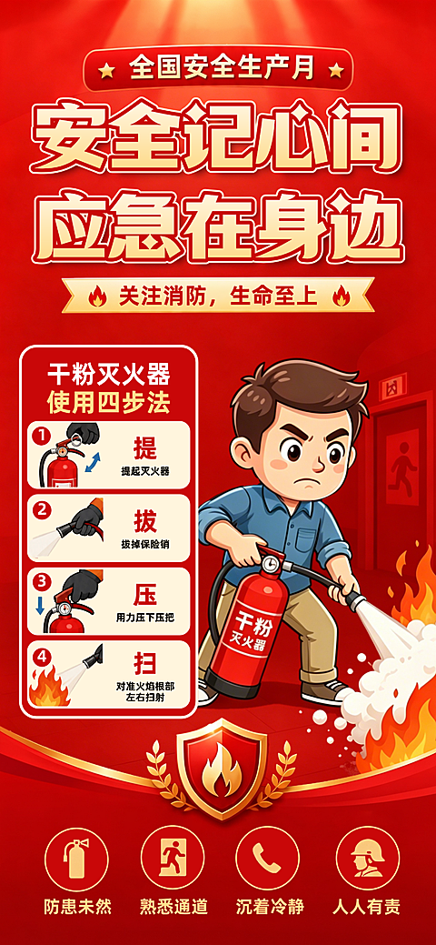 全国安全生产月消防知识科普公益宣传全屏竖版海报