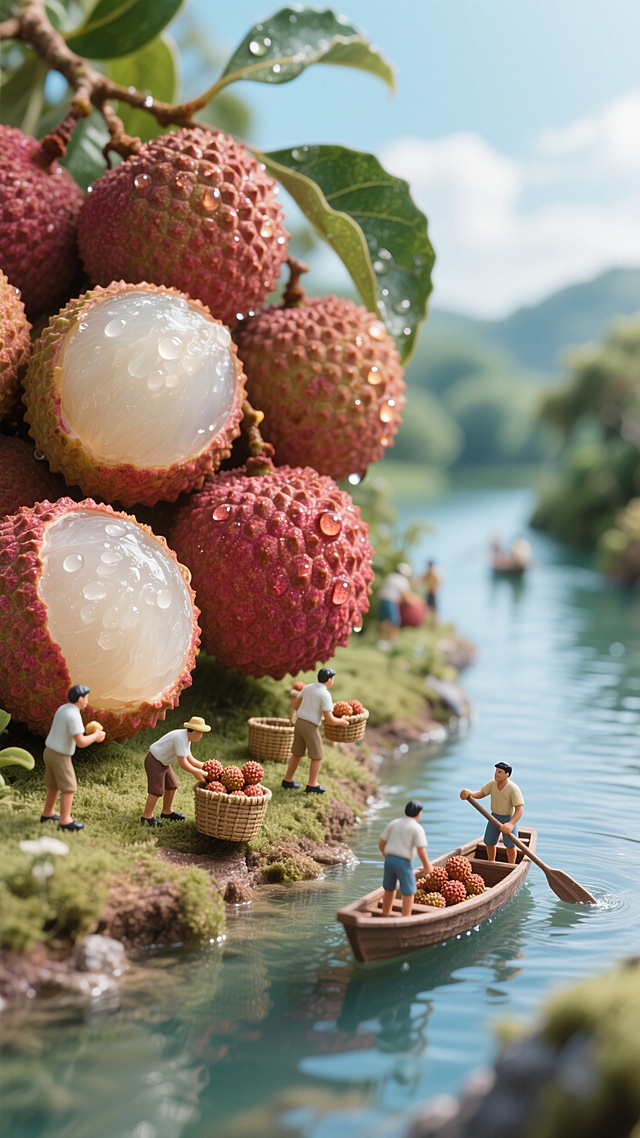 清新3D风，微缩艺术展现荔枝丰收场景，人物细腻生动，自然和谐。