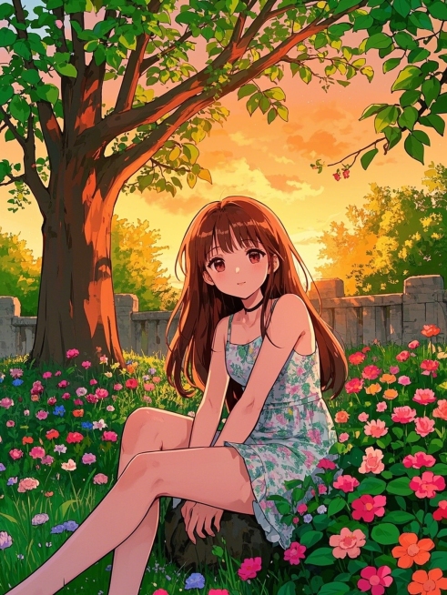 在一个花园庭院中，背光拍摄，女孩在庭院的树下，她的身影与夕阳的温暖色调融为一体，春夏氛围预览效果