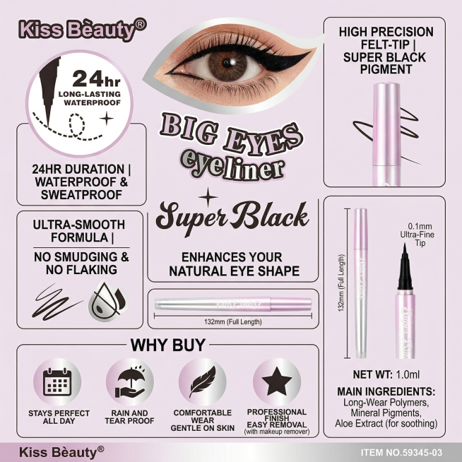 生成Kiss Beauty眼线笔的参数优势信息图，用图文结合的方式展示产品尺寸、核心优势和产品特点，用英文说明，清晰传递购买理由，产品为参考图中的粉色银渐变包装眼线笔，整体布局图文清晰预览效果