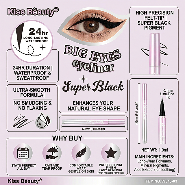 生成Kiss Beauty眼线笔的参数优势信息图，用图文结合的方式展示产品尺寸、核心优势和产品特点，用英文说明，清晰传递购买理由，产品为参考图中的粉色银渐变包装眼线笔，整体布局图文清晰