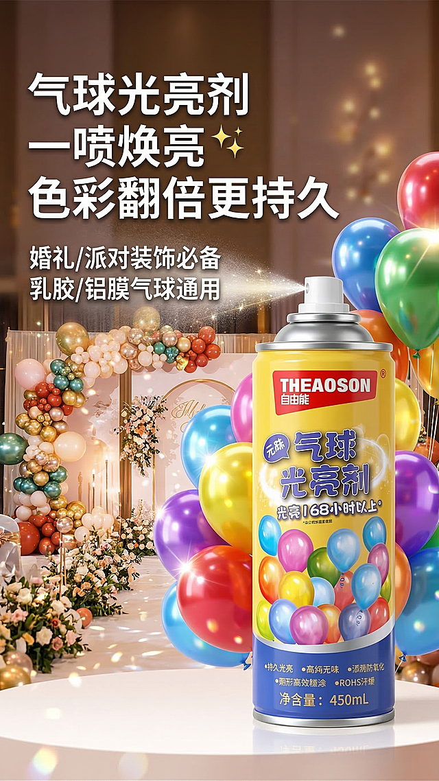 [垫图] https://gd-visitor.dancf.com/tmp02/undefined/3293dfc86285483ba13d9d362731f029.jpg
[主图主题] 气球光亮剂核心功效首图
[氛围/风格] 喜庆氛围感，明亮通透，高级电商风
[画面元素] 产品喷雾罐居中放大，背景为布置精美的婚礼派对场景，色彩鲜艳的气球环绕产品，光斑光影营造闪亮质感，背景铺满全屏无边框
[配色色系] 主色调：产品黄蓝配色，辅助色：多彩气球缤纷色彩，整体明快喜庆
[视角构图] 正面平视，主体占比60%，景深适中突出产品
[文字版式] 主标题 "气球光亮剂 一喷焕亮✨ 色彩翻倍更持久"，副标题 "婚礼/派对装饰必备 乳胶/铝膜气球通用"，左上角粗体大字主标题，副标题在主标题下方，字体为加粗无衬线体，白色带弥散投影，信息层级清晰，主标题字号是副标题的2倍，左文右图布局，产品主体占据右侧，文字悬浮在左侧留白处