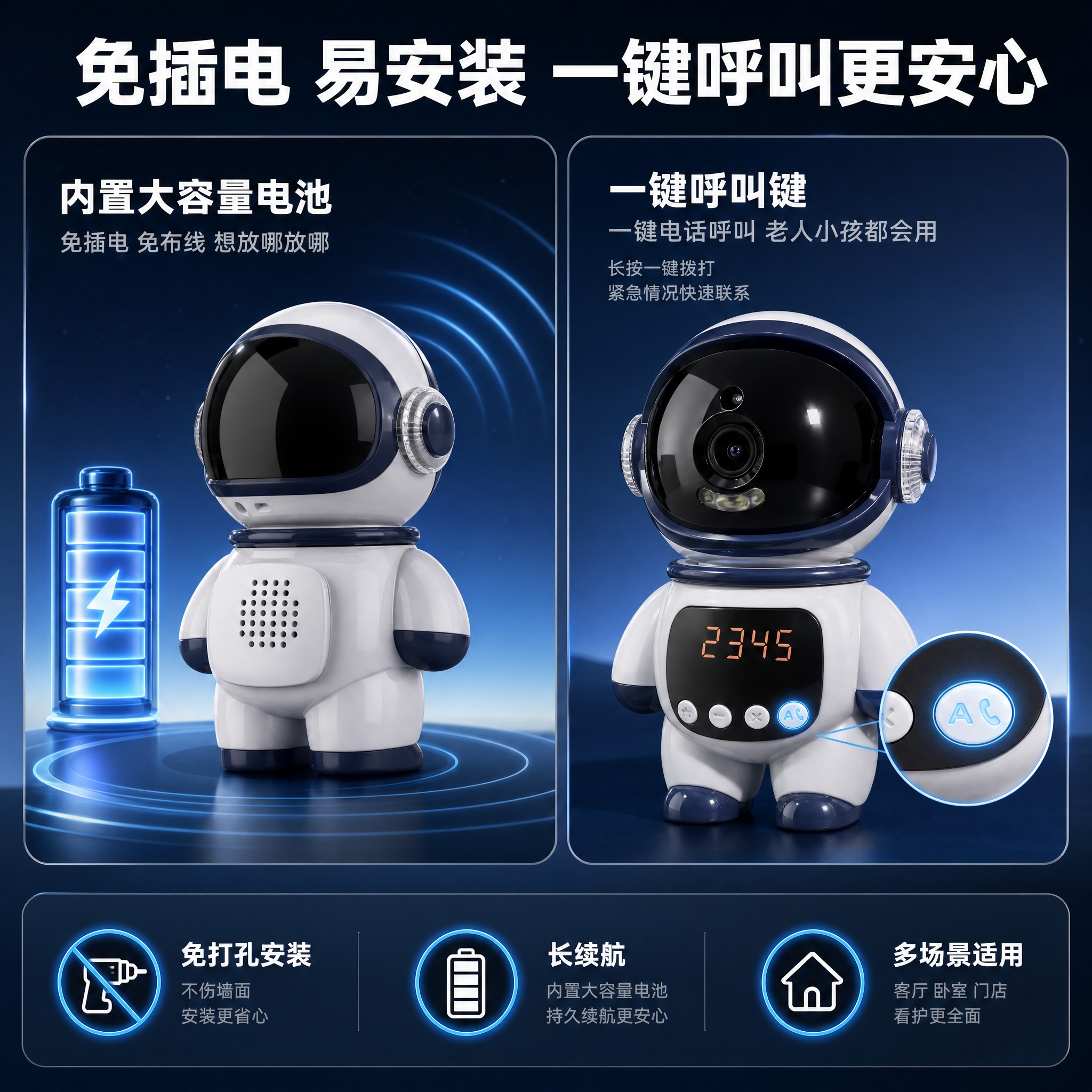 [主图-5] 宇航员造型智能摄像头 内置电池免插电+一键呼叫购… - 图片创意预览