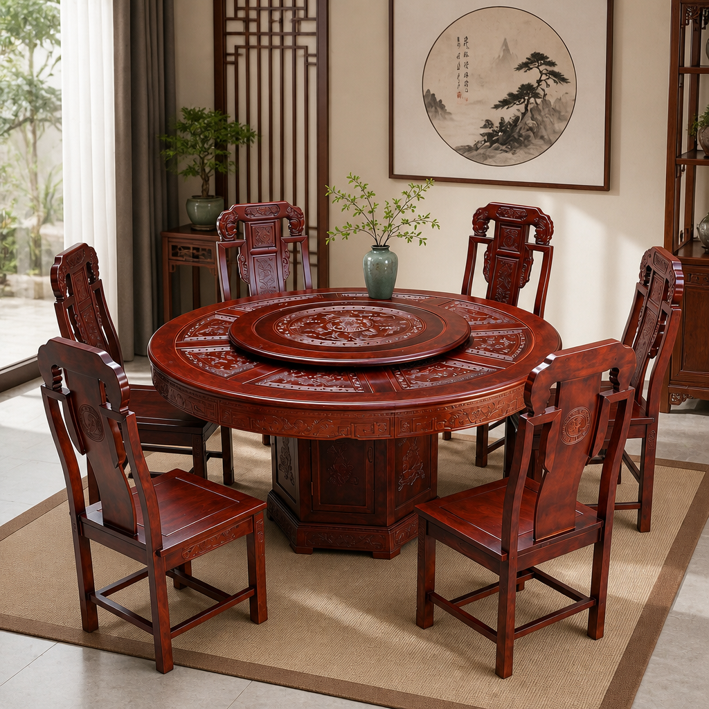 将这套餐桌家具放置在新中式风格的餐厅场景中，背景为中式实木餐厅… - 图片创意预览