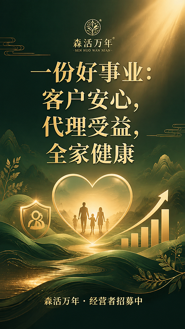 森活万年招商海报，新中式风格，暖金+深绿配色。画面中央大字"一份好事业：客户安心，代理受益，全家健康"，金色宋体，分三行。底部小字"森活万年 · 经营者招募中"。背景有爱心、家庭、事业上升的抽象图标，温暖有价值感。竖版9:16构图。版式精美。无二维码。