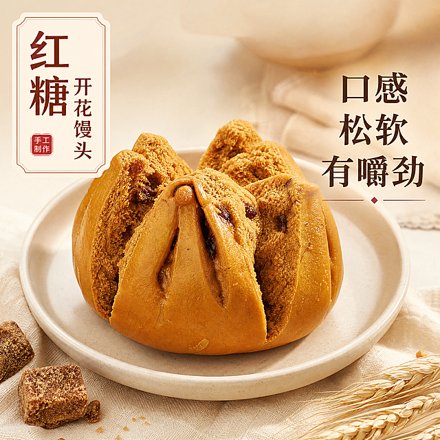 基于原图，调整拍摄角度，整体构图接近原图但不重复，保留卖点文字内容：红糖开花馒头 口感松软有嚼劲，重新对文字进行排版不与原图一致，产品本身不改动，更换为和原图差异较大的新背景，生成800*800像素的电商主图