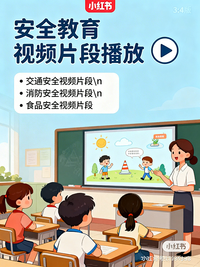 小红书3:4竖版宣传图，安全教育视频片段播放主题，浅蓝色背景。顶部标题"安全教育视频片段播放"配播放按钮图标。左侧文字框内容："• 交通安全视频片段\n• 消防安全视频片段\n• 食品安全视频片段"，右侧插画为小学生在教室中观看投影屏幕上的安全知识动画，老师在旁讲解，风格扁平温馨，突出多媒体教学的生动性，适合教师课件推广