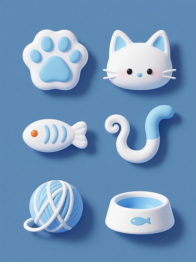 一套6个同风格同类目完全不同元素内容的系列素材集合，规整排布在纯色背景上，每个元素都采用与原图一致的简约3D立体风格，具有光滑圆润的边缘、柔和渐变的色彩过渡和长投影效果，整体色彩变换为清新的蓝色调，元素内容分别为：1. 卡通猫爪印，白色轮廓，浅蓝色肉垫；2. 卡通猫耳朵，白色轮廓，浅蓝色内耳；3. 卡通猫尾巴，白色轮廓，浅蓝色填充，卷曲造型；4. 卡通小鱼干，白色轮廓，浅蓝色身体，橙色眼睛；5. 卡通毛线球，白色轮廓，浅蓝色球体，缠绕白色线条；6. 卡通猫饭碗，白色轮廓，浅蓝色碗身，白色碗沿，内部有小鱼图案。
