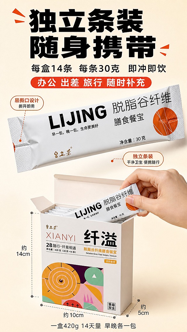 [商品] 使用【图6独立条装】【图5纤溢小盒】；条装和小盒外观、文字、颜色严格保持原样，比例不变形。
[画面] 独立包装便携展示页，结构特写+手部操作型。画面上半部分：微距特写独立条装的撕口和包装细节，展示"LIJING"logo和"早一包 晚一包 生命更美好"slogan，条装斜放有层次感；画面下半部分：一只手（亚洲女性）从打开的纤溢小盒中取出一条条装，展示取用便利性。旁边标注尺寸感，体现小巧便携。背景浅米色，干净简洁。
[视觉] 套系策略：风格=拼多多大字报风格 接地气 高性价比感；标题字=粗黑大字 厚重醒目；正文字=清晰黑体 移动端可读；主色=暖橙色；背景延展=浅米到暖白渐变 干净通透；强调色=橙红色 仅用于标签和重点数字；标题色=黑色粗体；正文色=深灰色；组件=圆角胶囊标签 引线标注；光影=柔和顶光 包装塑料膜有光泽 手部自然。
[文字] 顶部大标题："独立条装 随身携带"，副标题："每盒14条 每条30克 即冲即饮"，下方红底白字标签："办公 出差 旅行 随时补充"，底部小字："一盒420g 14天量 早晚各一包"，全部文字横排。
[规格] 图片比例9:16竖版，2K，避免变形、错字、文字过小、医疗功效暗示、绝对化用语、手部畸形。