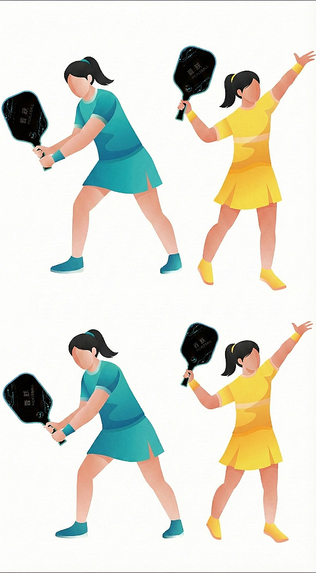 把图片绿色人物换成女生穿着青蓝色裙子，橙色人物换成女生穿着黄色裙子