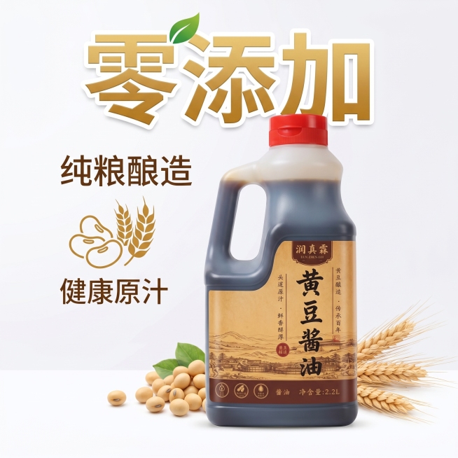 生成黄豆酱油电商主图，保留原产品瓶身，突出卖点"零添加"，让"零添加"字体醒目突出，纯粮酿造，适合电商平台展示，简约干净风格预览效果