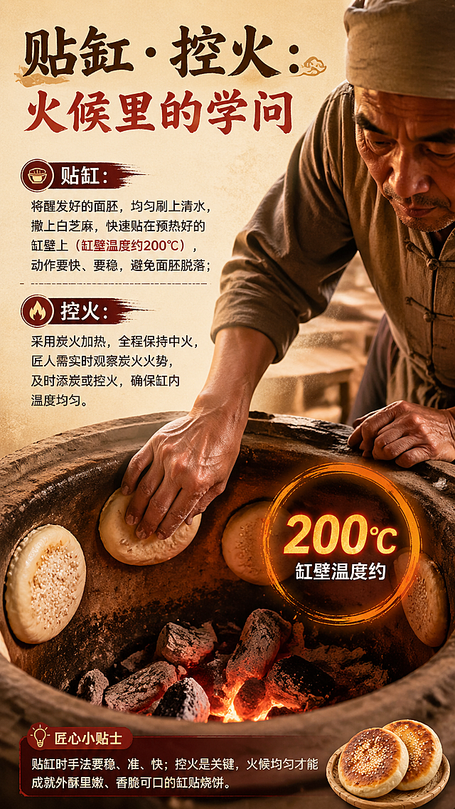 9:16竖版H5流程页，主标题："贴缸·控火：火候里的学问"，正文内容："贴缸：将醒发好的面胚，均匀刷上清水，撒上白芝麻，快速贴在预热好的缸壁上（缸壁温度约200℃），动作要快、要稳，避免面胚脱落；控火：采用炭火加热，全程保持中火，匠人需实时观察炭火火势，及时添炭或控火，确保缸内温度均匀"，画面主体：匠人手部稳定将面胚贴在缸壁上的动作特写，缸炉内是明暗适中的炭火，呈现匠人认真观察炭火的神情，画面添加"200℃"醒目标识直观呈现温度要求，暖调写实风格，排版整齐清晰突出匠人技巧