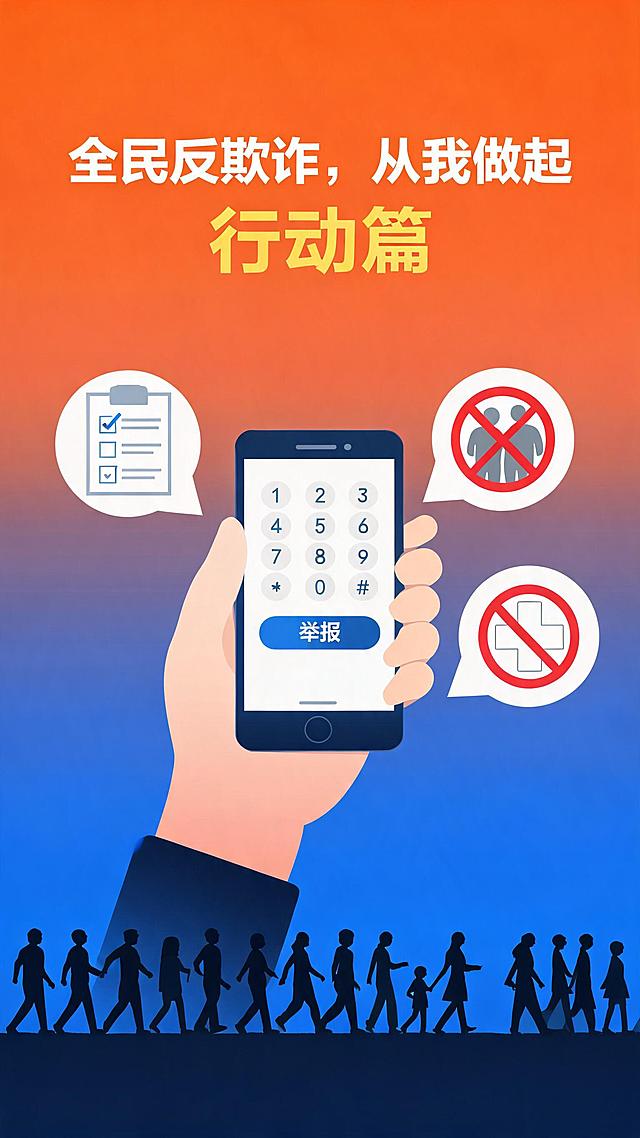 竖版海报，现代扁平插画风格，积极向上充满号召力。背景为活力橙色（#FF6B00）到深蓝色的渐变。画面中央是一只举起的手，手中握着一部亮起屏幕的智能手机，屏幕显示拨号盘和"举报"按钮图形。手机周围悬浮三个圆形气泡图标：第一个是打勾的问卷代表自查，第二个是禁止符号覆盖两个灰色人影代表拒绝中介合谋，第三个是红色禁止符号覆盖医院标志代表拒绝过度医疗。底部有一排市民剪影，姿态坚定向前。画面顶部留白15%，底部留白20%。在画面中央偏上位置，用大号粗体无衬线白色文字显示主标题："全民反欺诈，从我做起"，字体加粗，居中对齐。在主标题正下方，用中等大小橙色（#FF6B00）文字显示副标题："行动篇"。除这两行文字外画面其他地方没有任何文字和Logo。